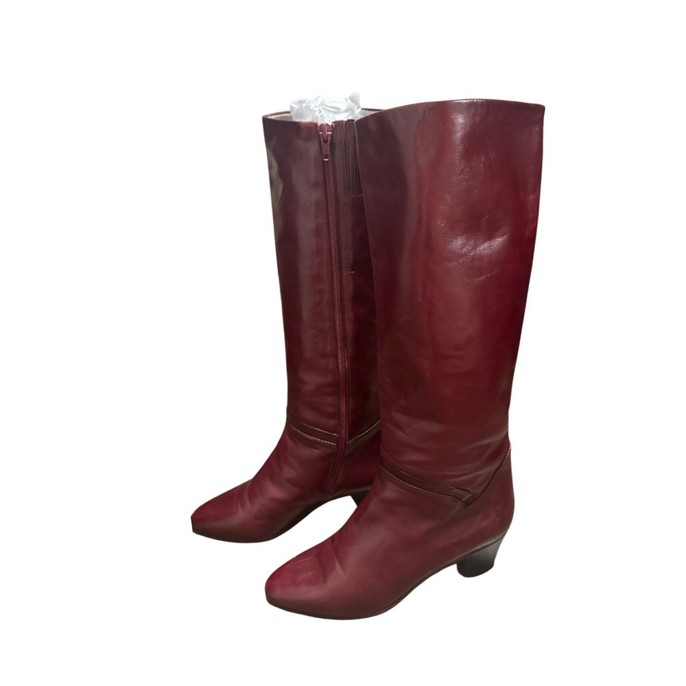 Bally Leather Tall Boots Burgundy Block Heel Italy Sz 6.5 M Vintage Retro Kitten - Picture 3 of 7